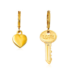 18K Gold-Plated 'Love' Key Heart Asymmetric Huggie Earrings