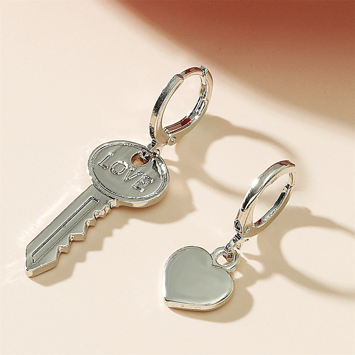 Silver-Plated 'Love' Key & Heart Drop Earrings