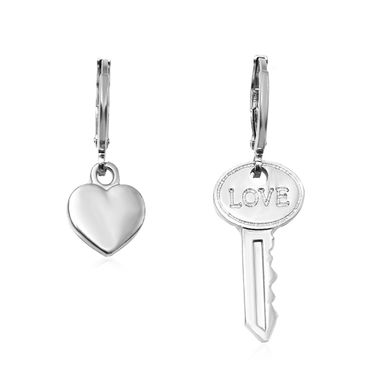 Silver-Plated 'Love' Key & Heart Drop Earrings