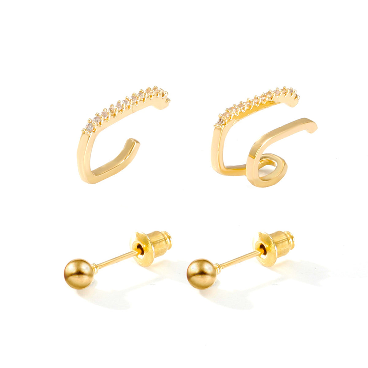 Clear Cubic Zirconia & 18K Gold-Plated Bead Four-Piece Stud & Ear Cuff Set