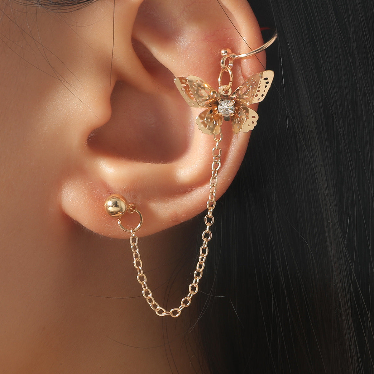 Cubic Zirconia & 18K Gold-Plated Butterfly Charm Chain Ear Cuffs