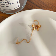 Cubic Zirconia & 18K Gold-Plated Butterfly Charm Chain Ear Cuffs