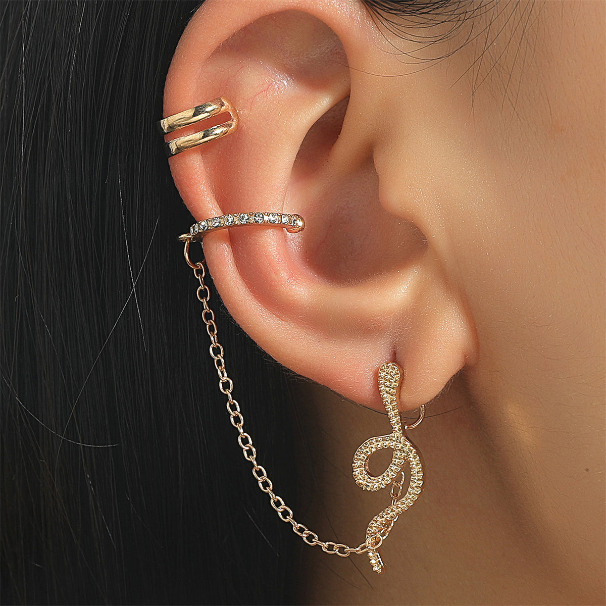 Clear Cubic Zirconia & 18K Gold-Plated Snake Chain Two-Piece Ear Cuff Set