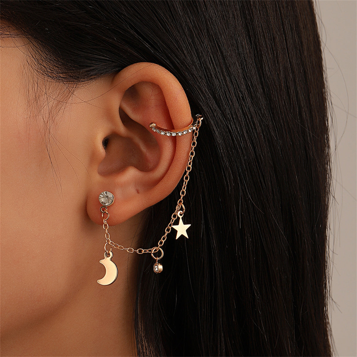 Cubic Zirconia & 18K Gold-Plated Star Chain Ear Cuff