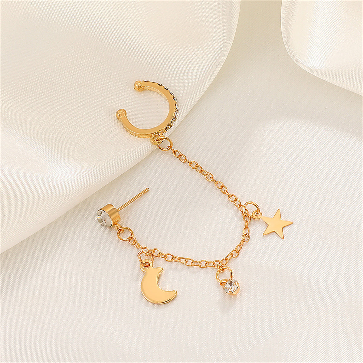 Cubic Zirconia & 18K Gold-Plated Star Chain Ear Cuff