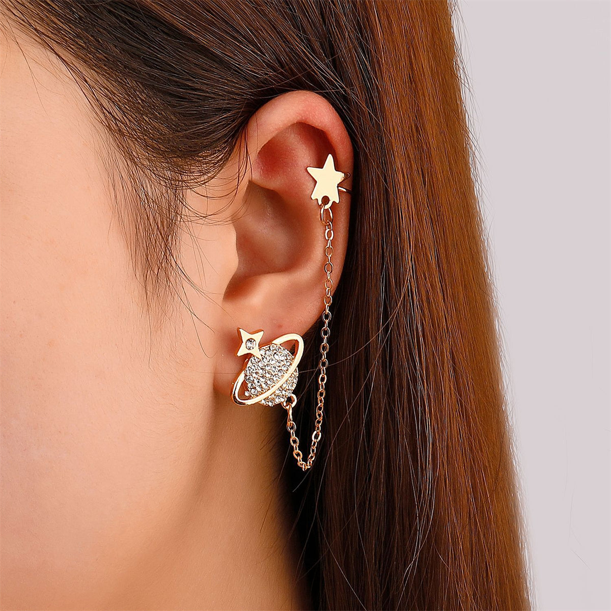 Cubic Zirconia & 18K Gold-Plated Star Planet Ear Cuff