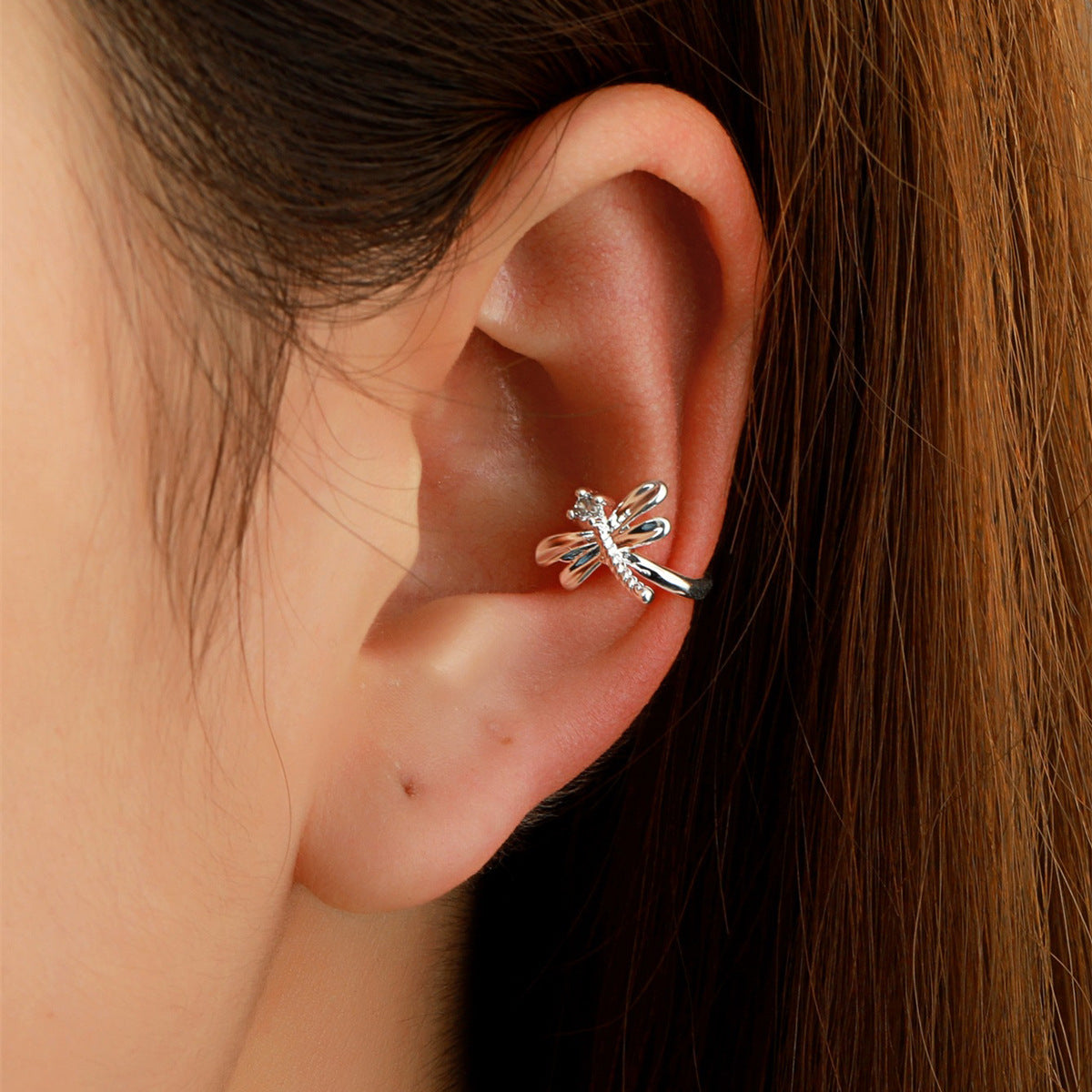 Cubic Zirconia & Silver-Plated Dragonfly Ear Cuff