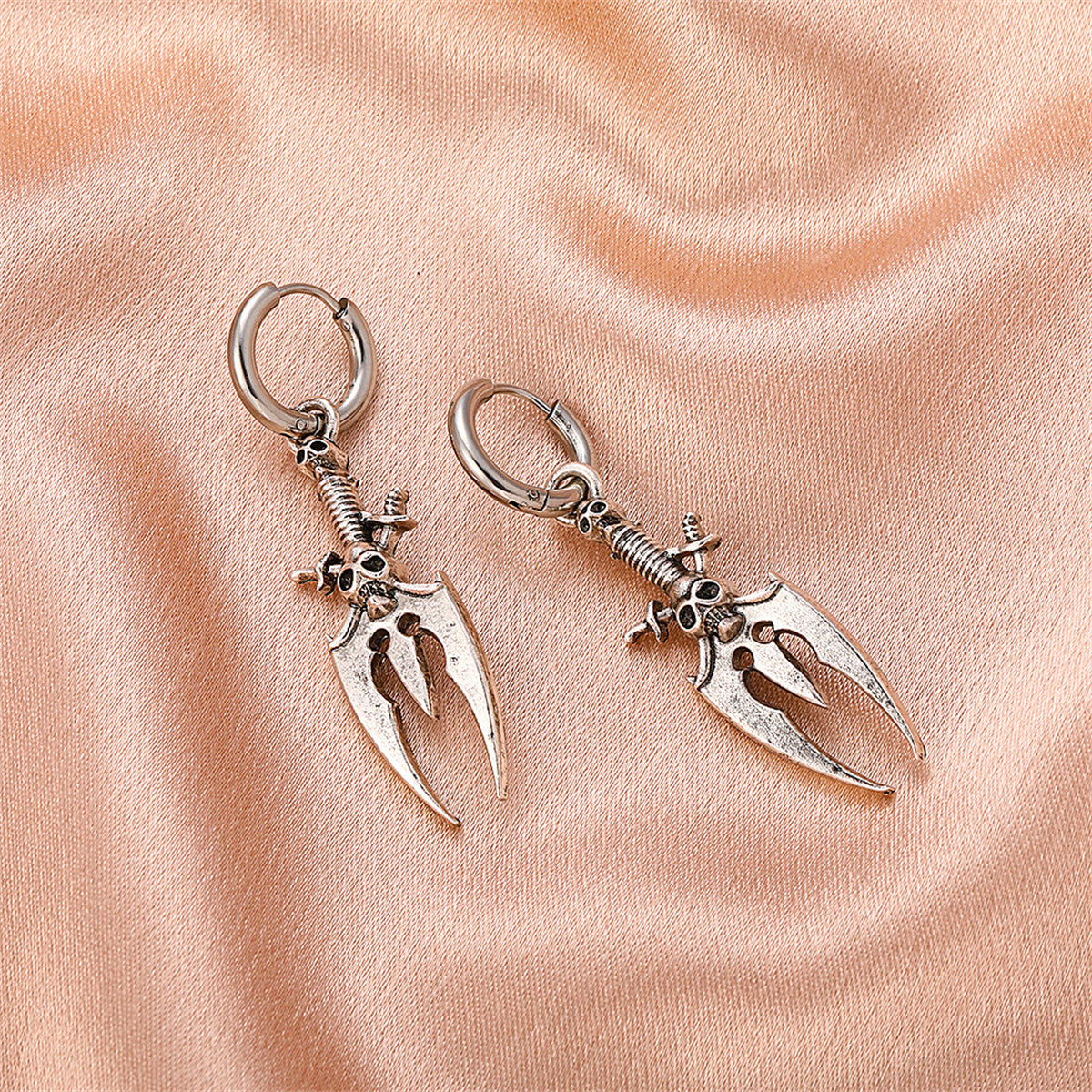 Silver-Plated Skull Trident Drop Earrings