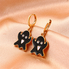 Black Enamel & Cubic Zirconia 18K Gold-Plated Ghost Huggie Earrings