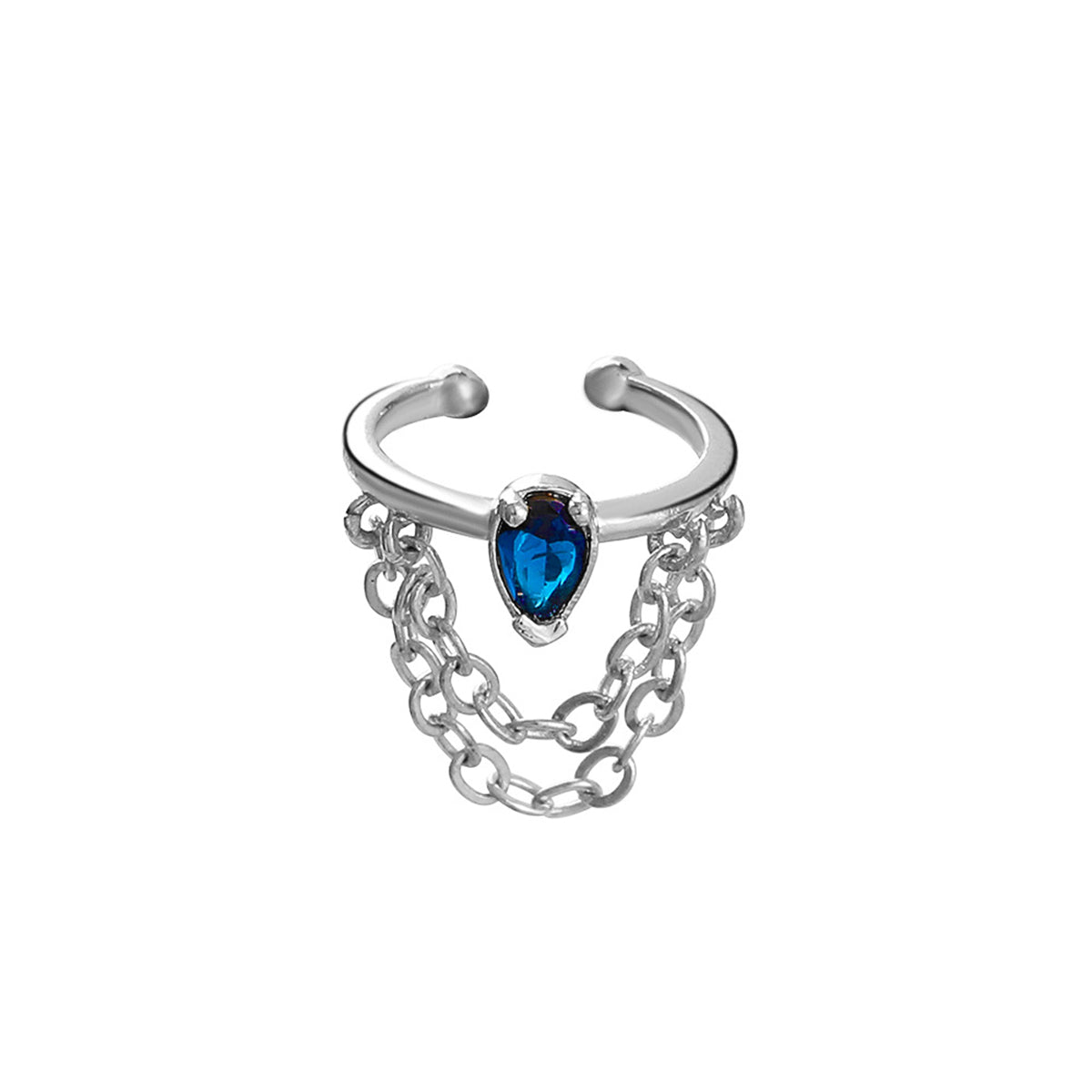 Blue Crystal & Silver-Plated Drop Layered Chain Ear Cuff