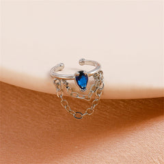 Blue Crystal & Silver-Plated Drop Layered Chain Ear Cuff