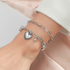 Silver-Plated Heart Charm Layered Bracelet