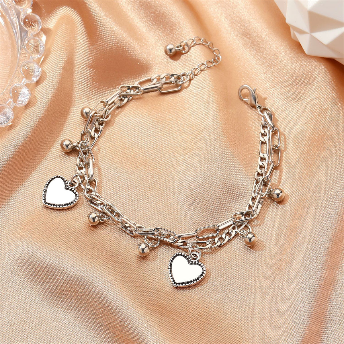 Silver-Plated Heart Charm Layered Bracelet