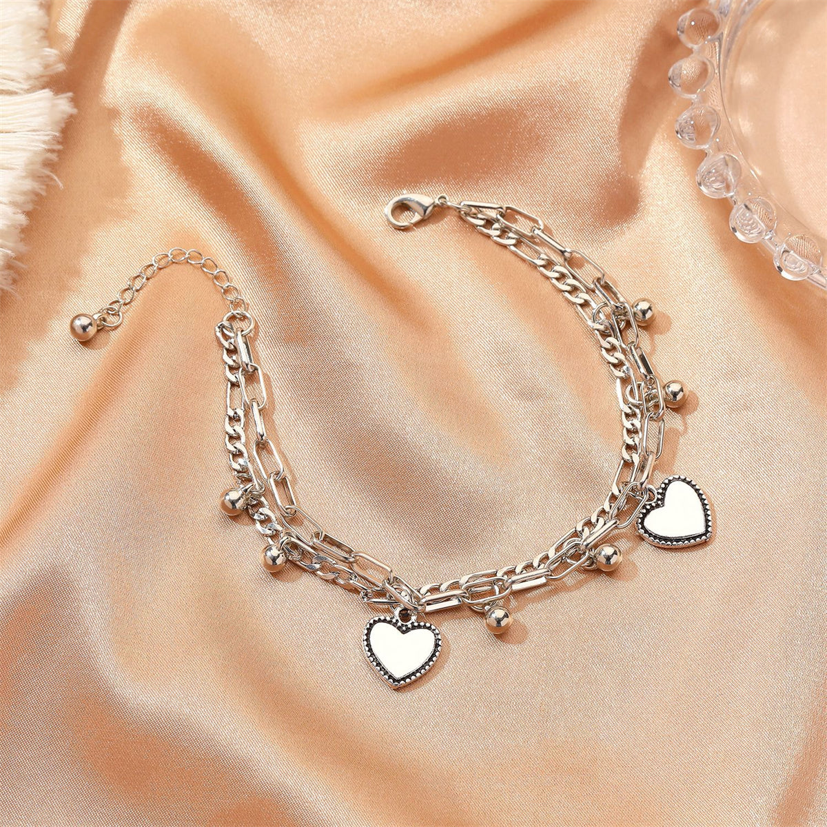 Silver-Plated Heart Charm Layered Bracelet