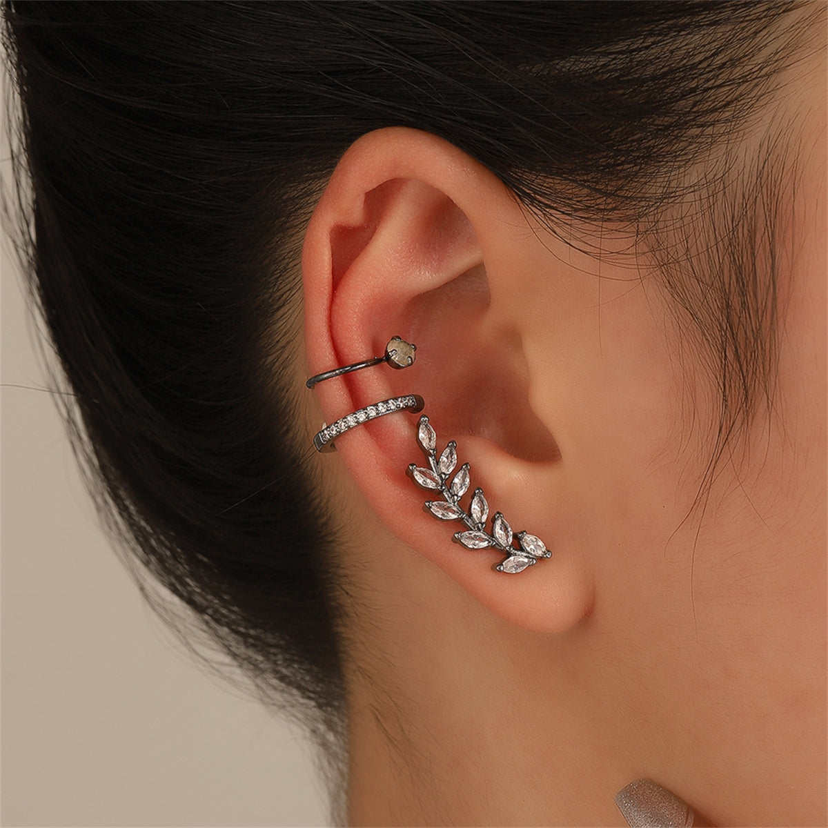 Clear Crystal & Black Branch Three-Piece Ear Climber & Ear Cuff Set