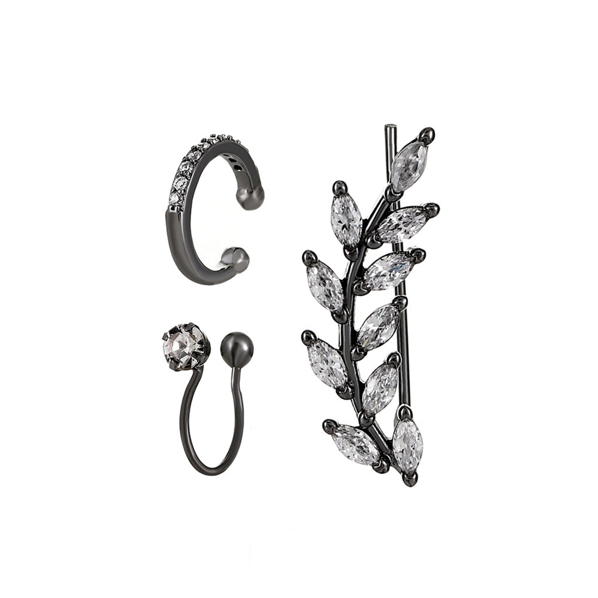 Clear Crystal & Black Branch Three-Piece Ear Climber & Ear Cuff Set