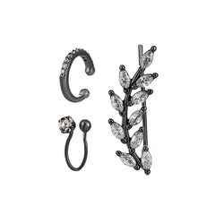 Clear Crystal & Black Branch Three-Piece Ear Climber & Ear Cuff Set