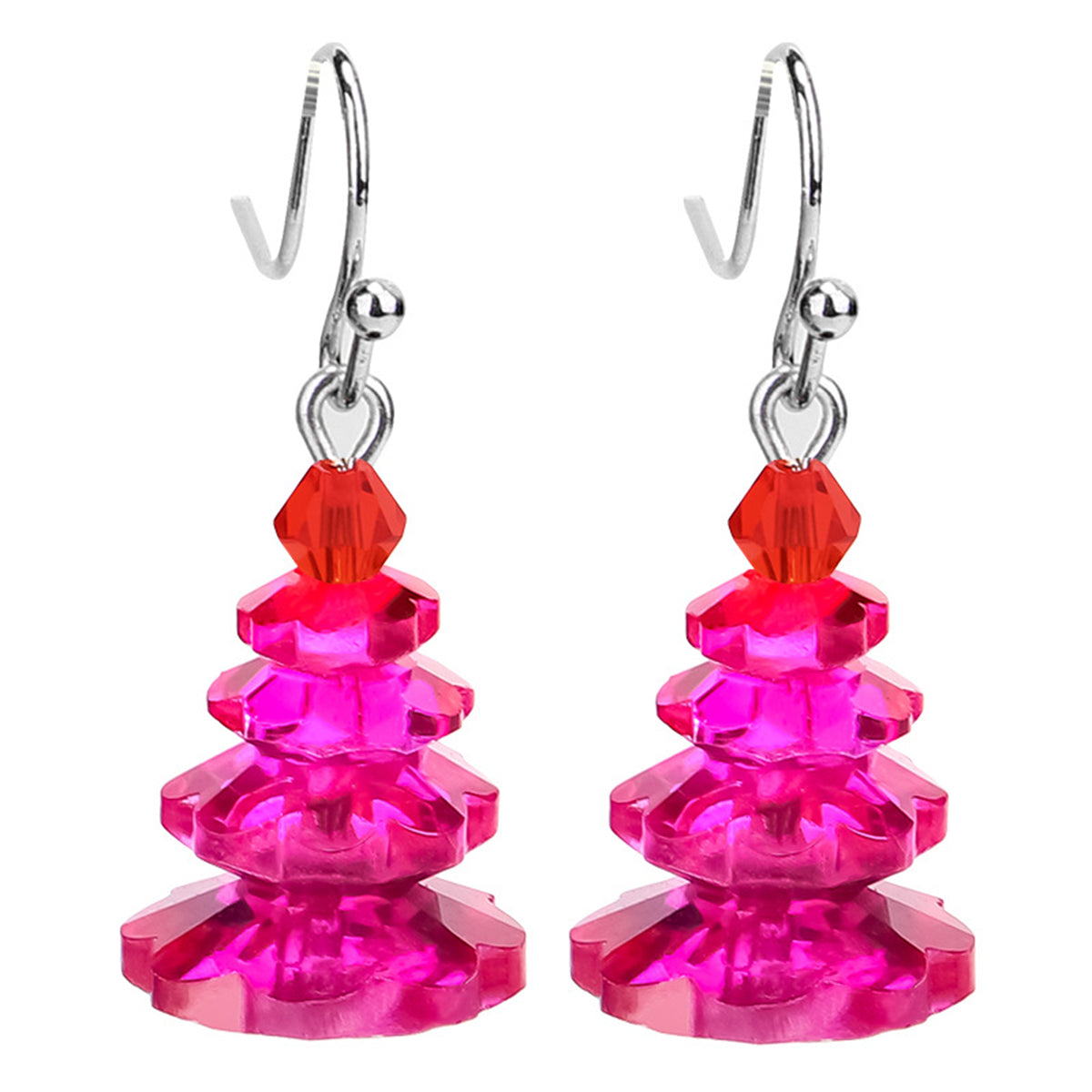Rose Crystal & Red Stacked Festive Tree Drop Earrings
