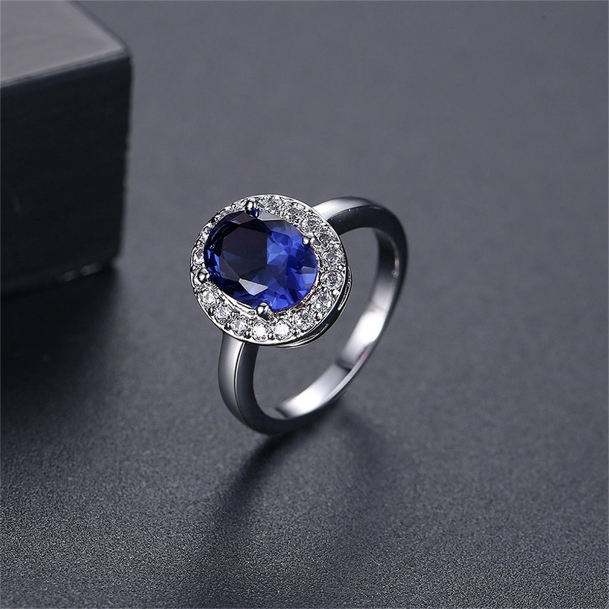 Blue Crystal & Cubic Zirconia Silver-Plated Halo Oval Ring