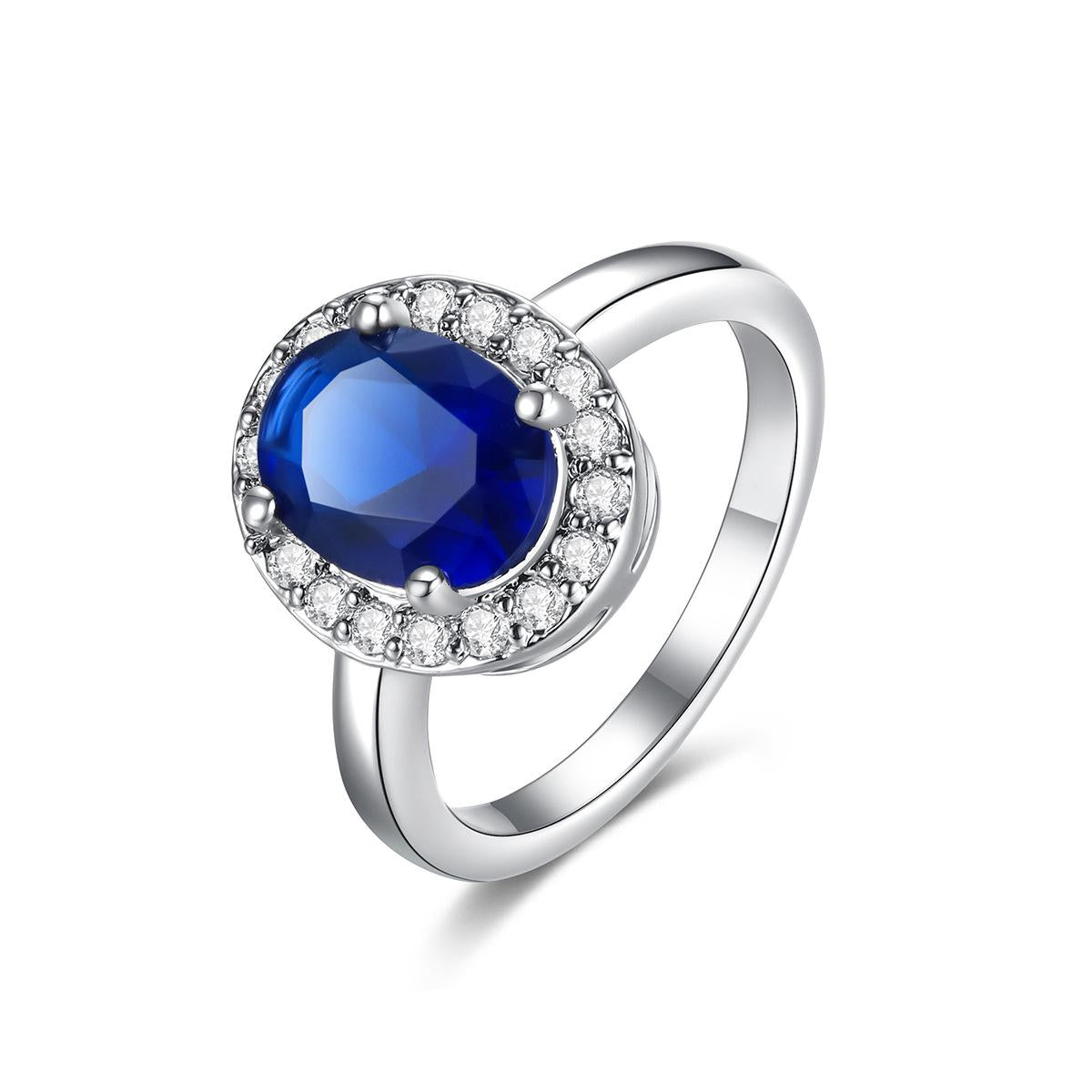 Blue Crystal & Cubic Zirconia Silver-Plated Halo Oval Ring