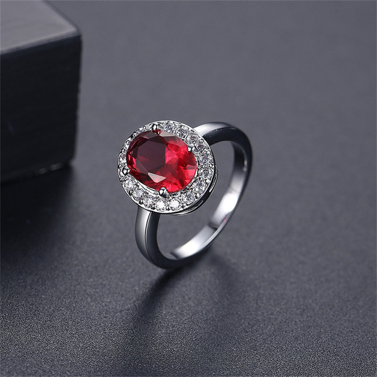 Red Crystal & Cubic Zirconia Silver-Plated Halo Oval Ring