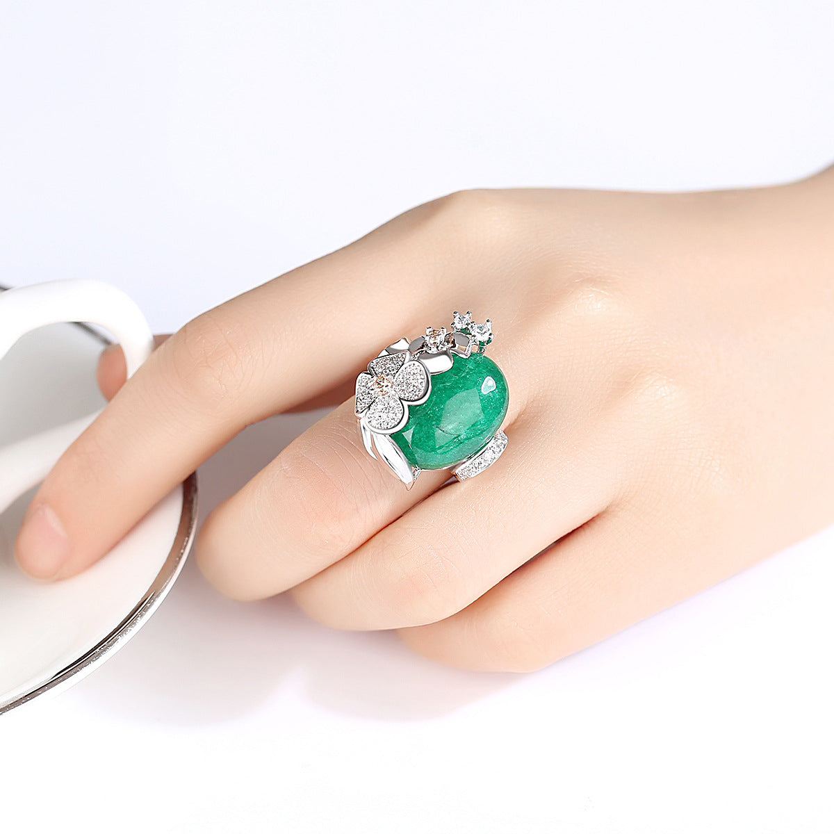 Cubic Zirconia & Green Quartz Flower Adjustable Ring