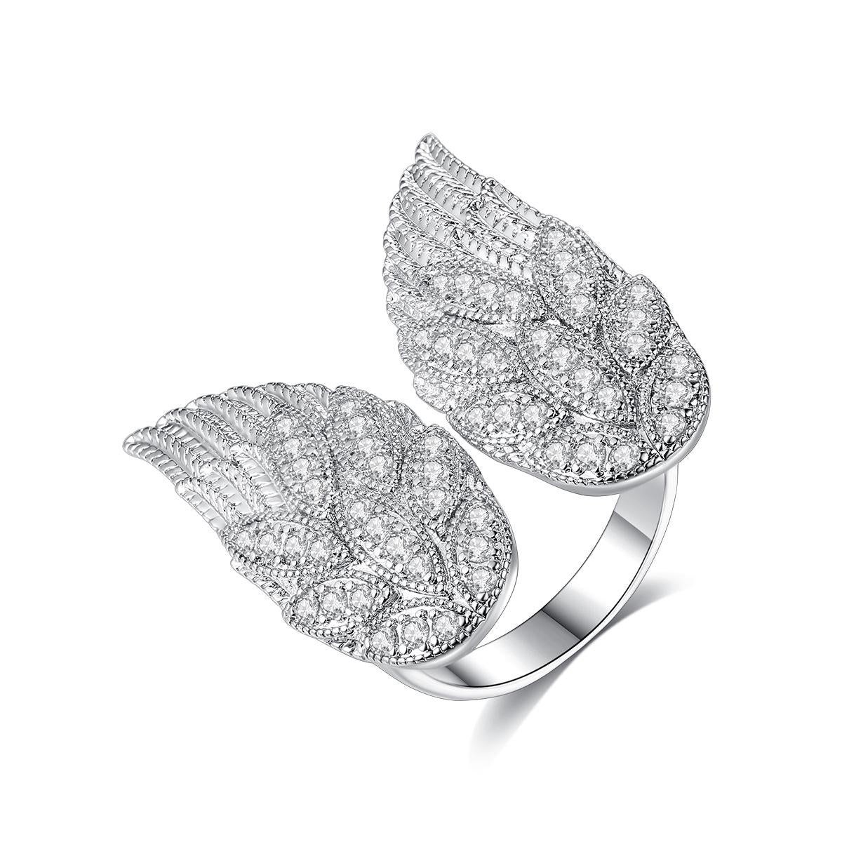 Cubic Zirconia & Silver-Plated Wings Open Ring