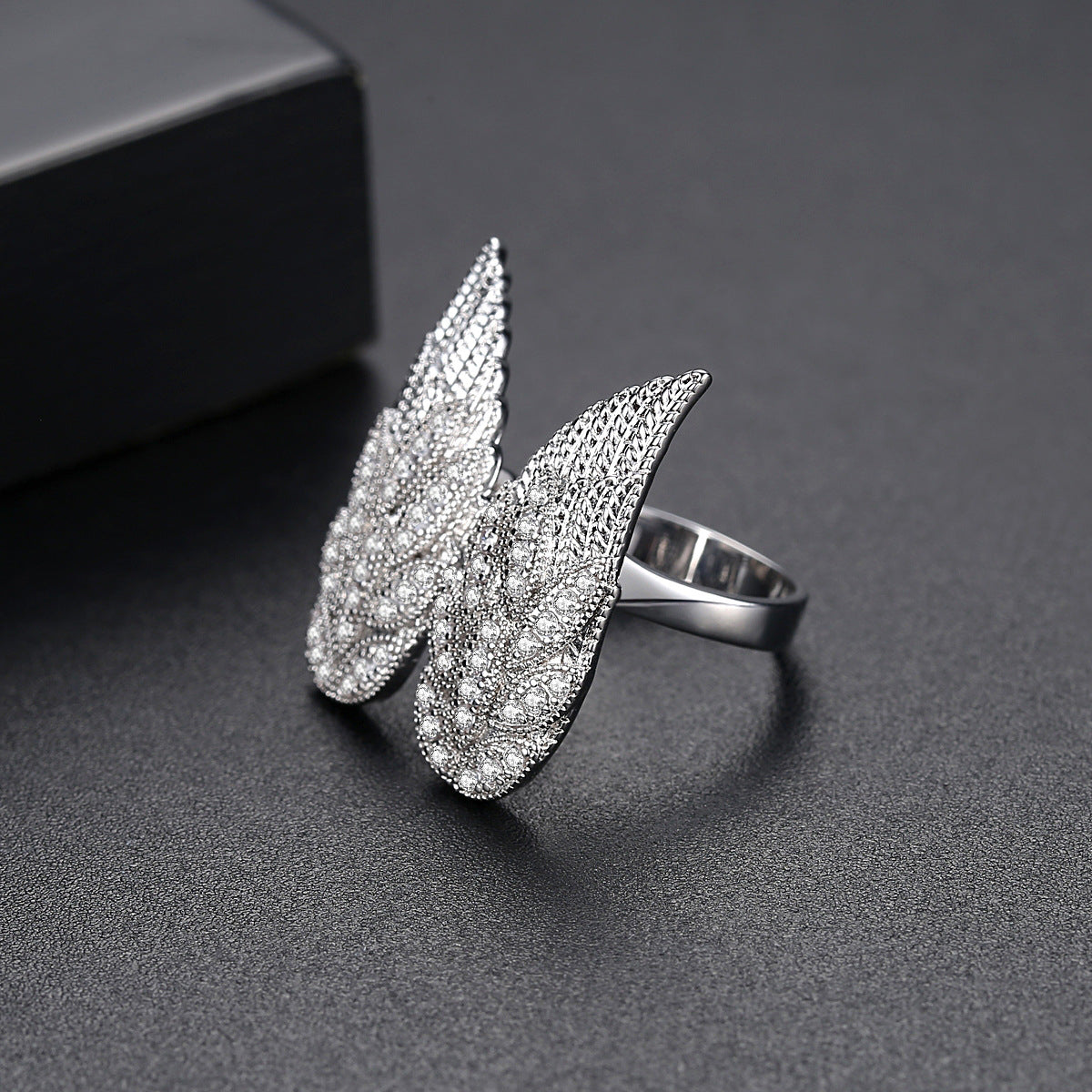 Cubic Zirconia & Silver-Plated Wings Open Ring