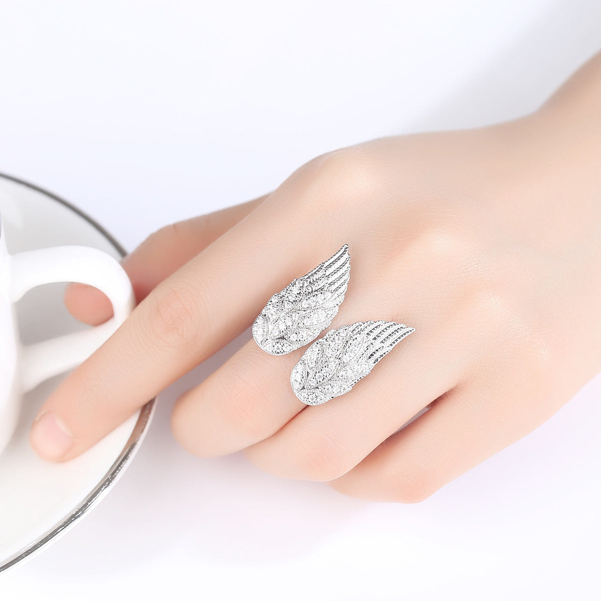 Cubic Zirconia & Silver-Plated Wings Open Ring