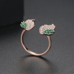 Green Cubic Zirconia & 18K Rose Gold-Plated Wing Open Ring