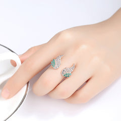 Green Cubic Zirconia & 18K Rose Gold-Plated Wing Open Ring