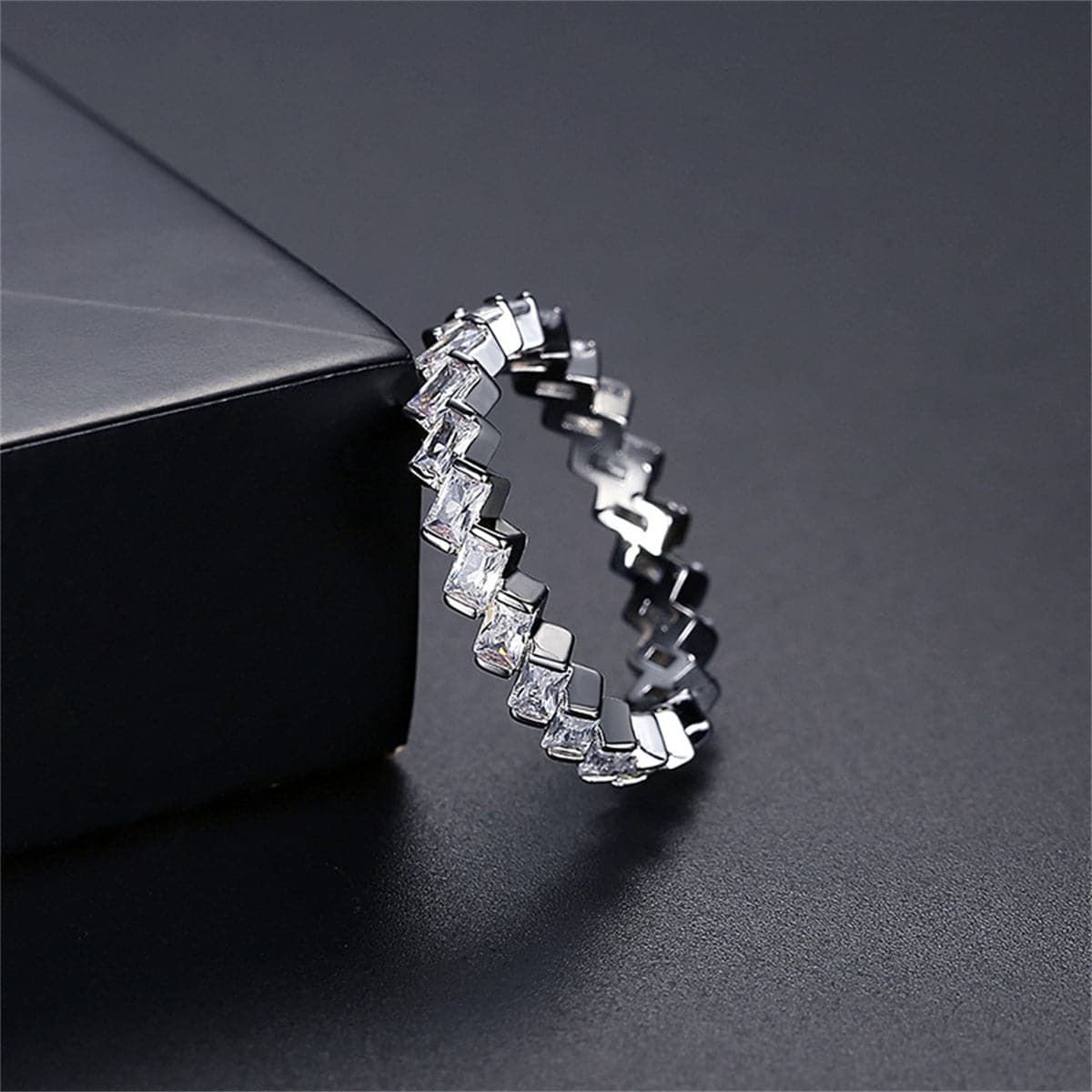 Crystal & Silver-Plated Slated Baguette-Cut Band Ring