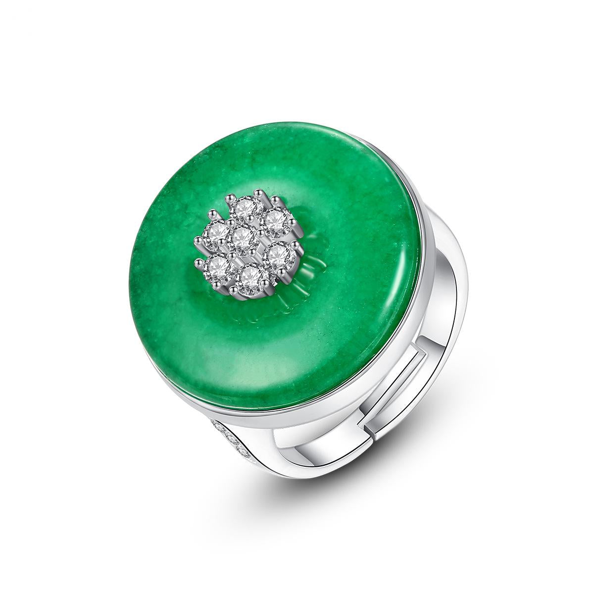 Cubic Zirconia & Green Quartz Flower Round Adjustable Ring