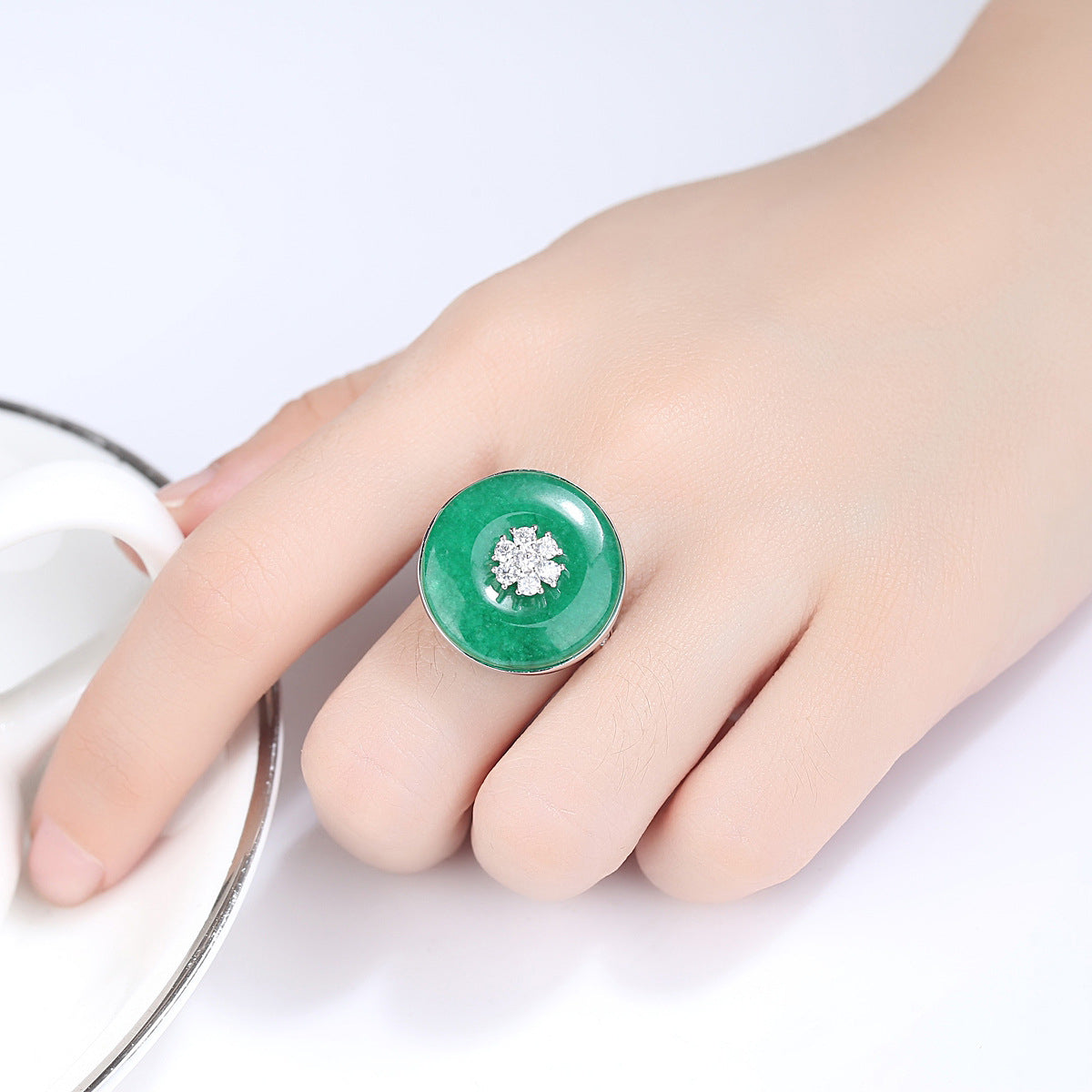 Cubic Zirconia & Green Quartz Flower Round Adjustable Ring