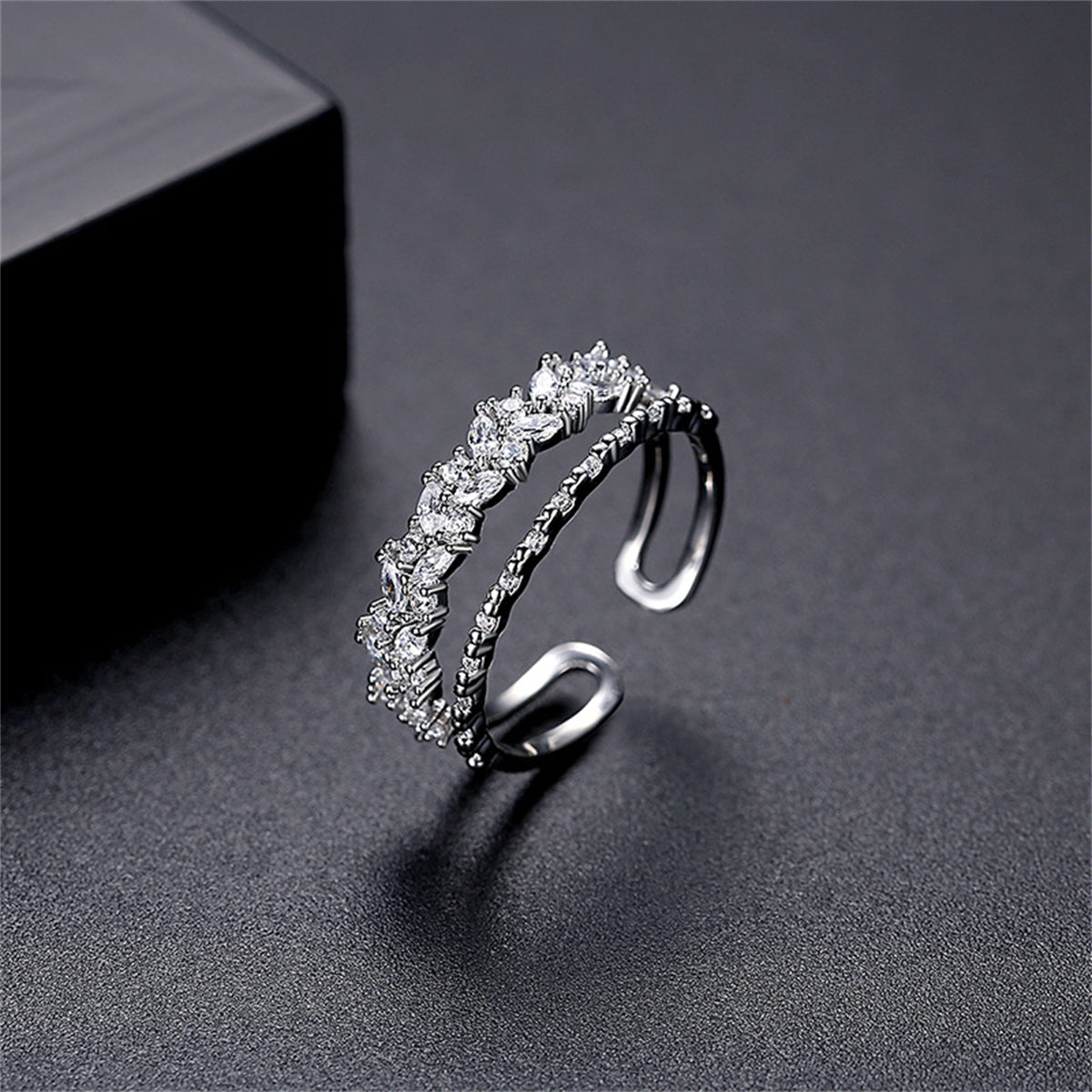 Crystal & Silver-Plated Marquise-Cut Layered Open Ring