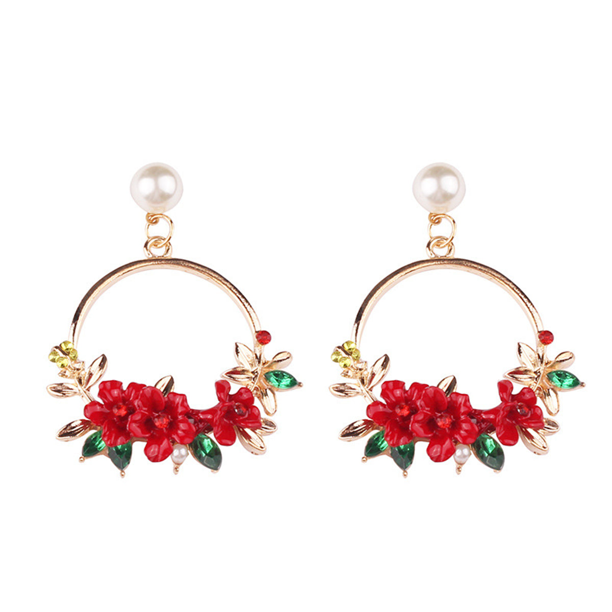 Pearl & Cubic Zirconia Red Floral Cluster Hoop Drop Earrings