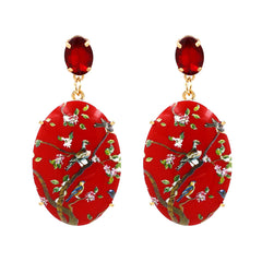 Red Crystal & 18K Gold-Plated Bird Branch Oval Drop Earrings