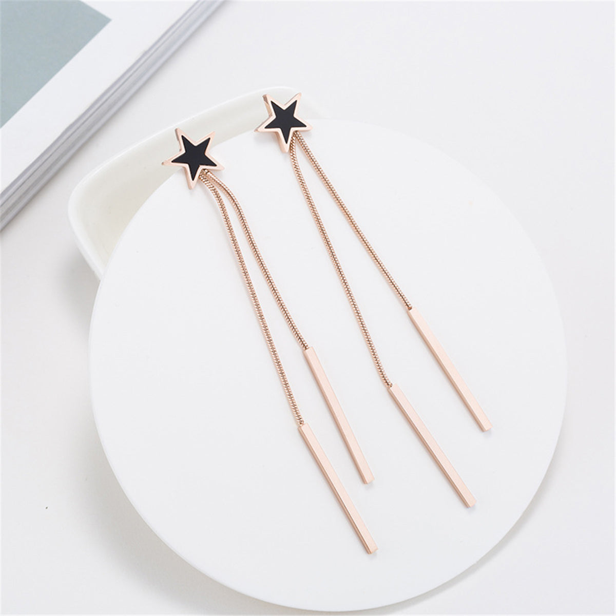 Black Acrylic & 18K Rose Gold-Plated Star Bar Tassel Drop Earrings