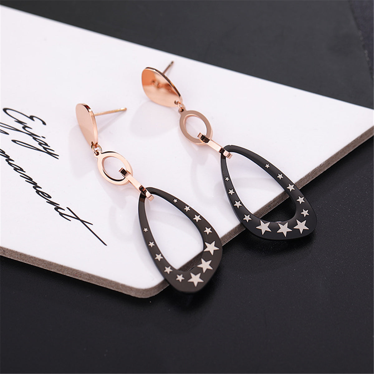 Black Acrylic & 18K Rose Gold-Plated Star Triangle Drop Earrings