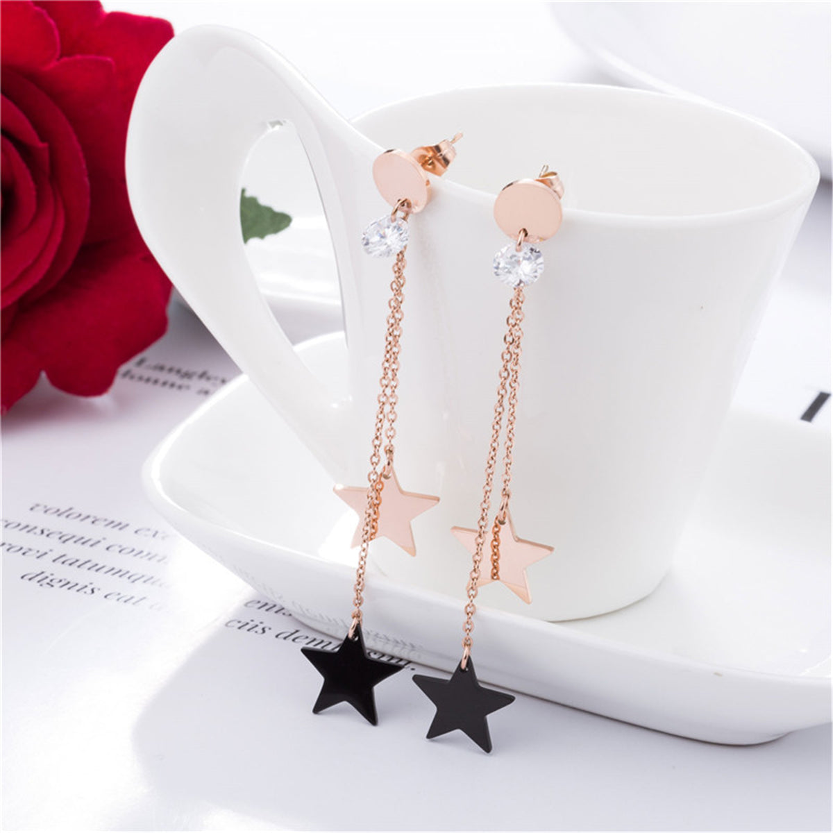 Cubic Zirconia & Acrylic 18K Rose Gold-Plated Double-Star Tassel Drop Earrings