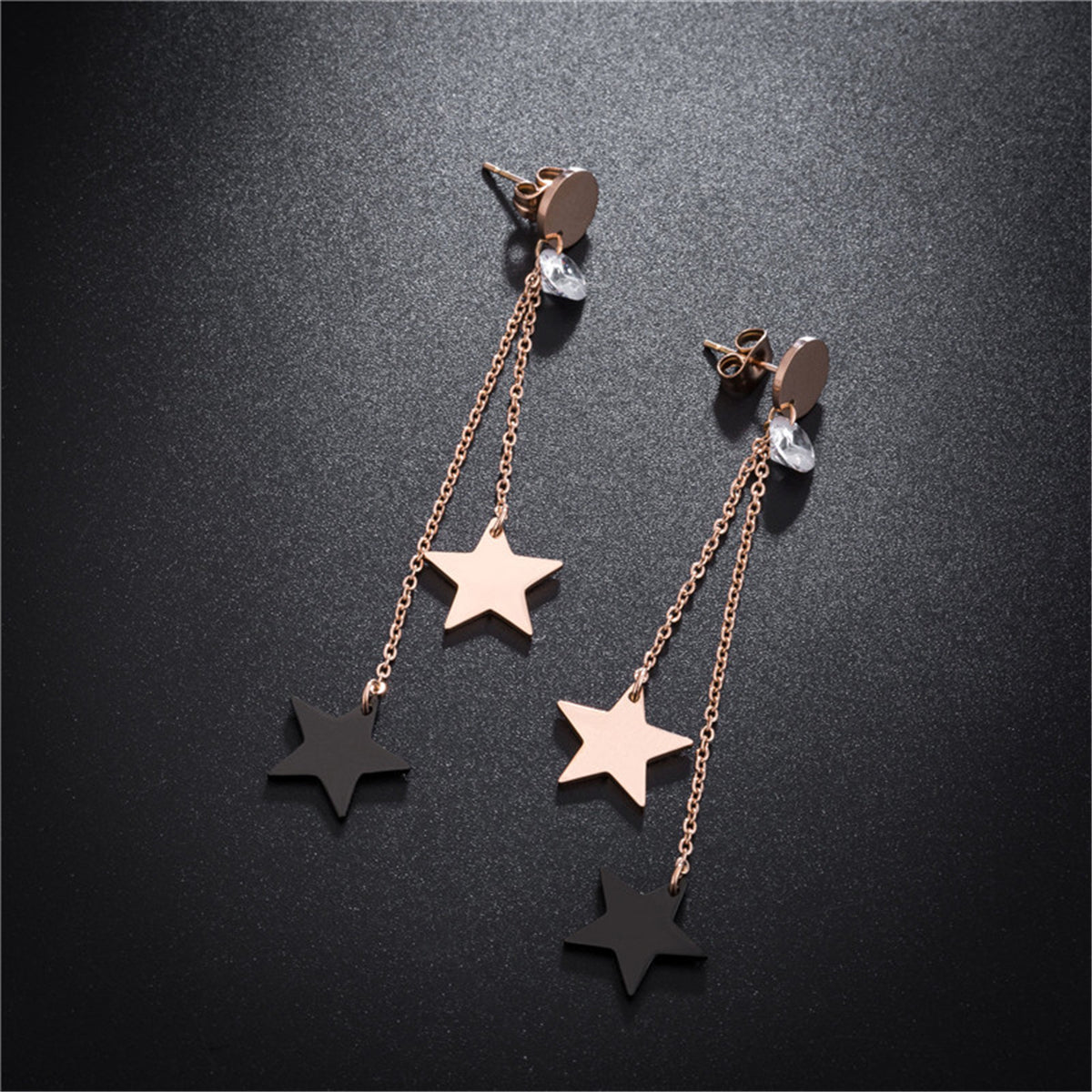 Cubic Zirconia & Acrylic 18K Rose Gold-Plated Double-Star Tassel Drop Earrings