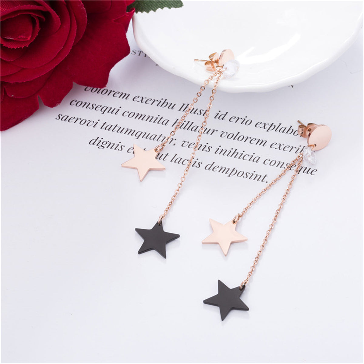 Cubic Zirconia & Acrylic 18K Rose Gold-Plated Double-Star Tassel Drop Earrings