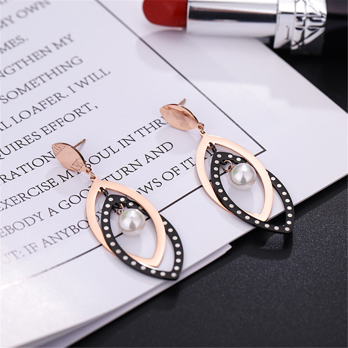 Black Acrylic & Pearl 18K Rose Gold-Plated Open Leaves Drop Earrings