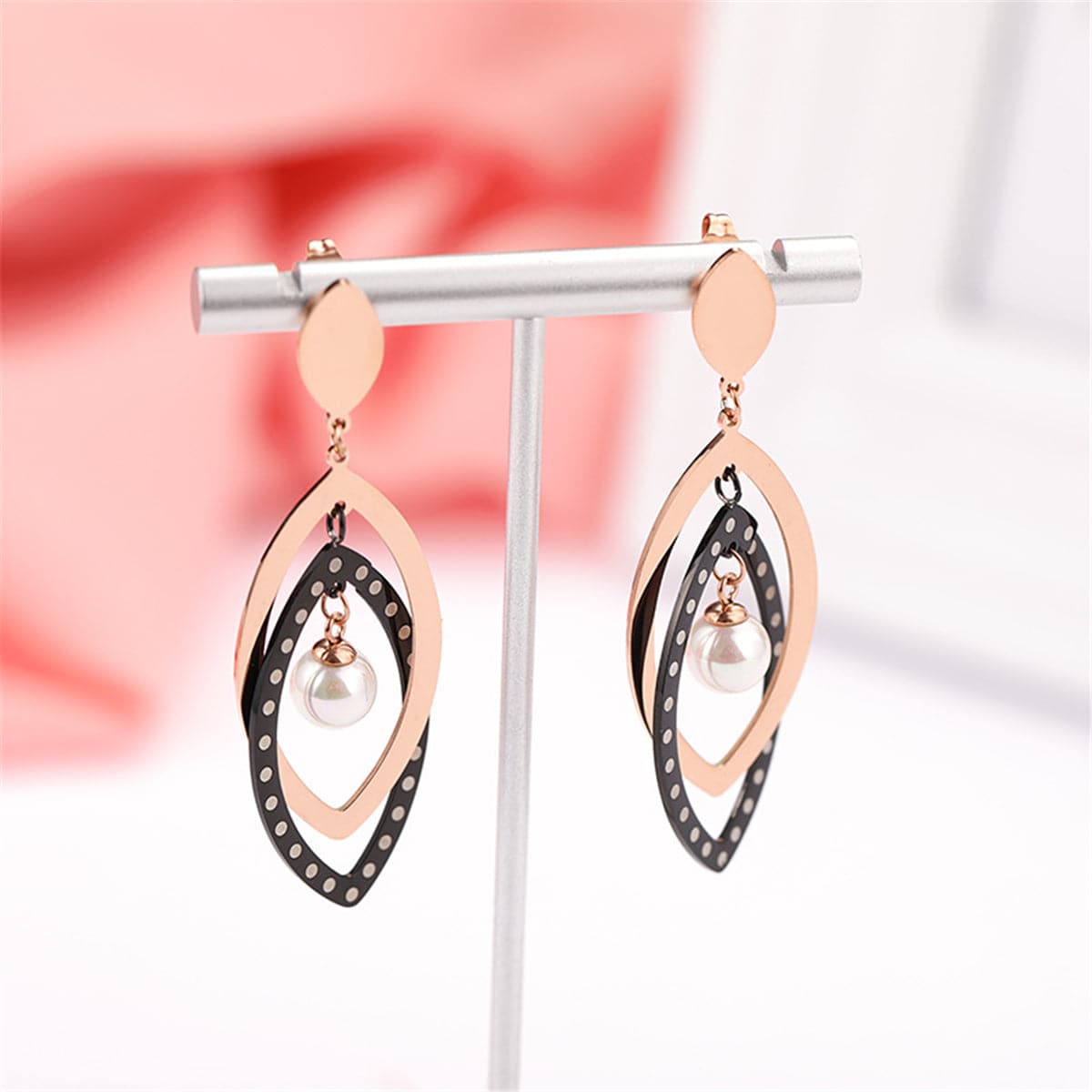 Black Acrylic & Pearl 18K Rose Gold-Plated Open Leaves Drop Earrings