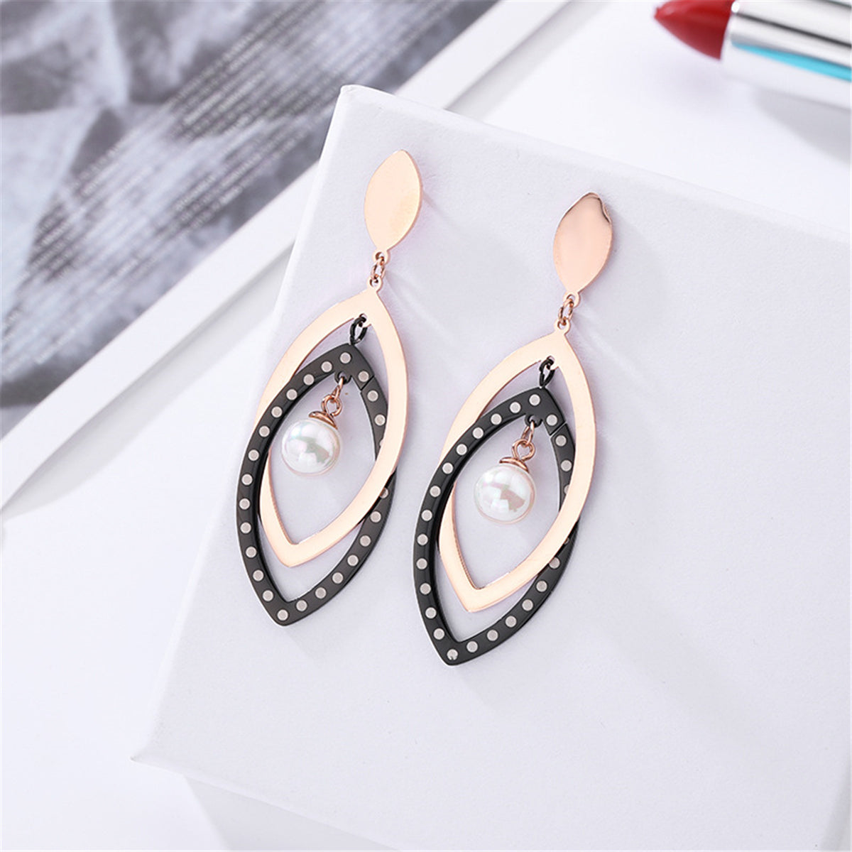 Black Acrylic & Pearl 18K Rose Gold-Plated Open Leaves Drop Earrings