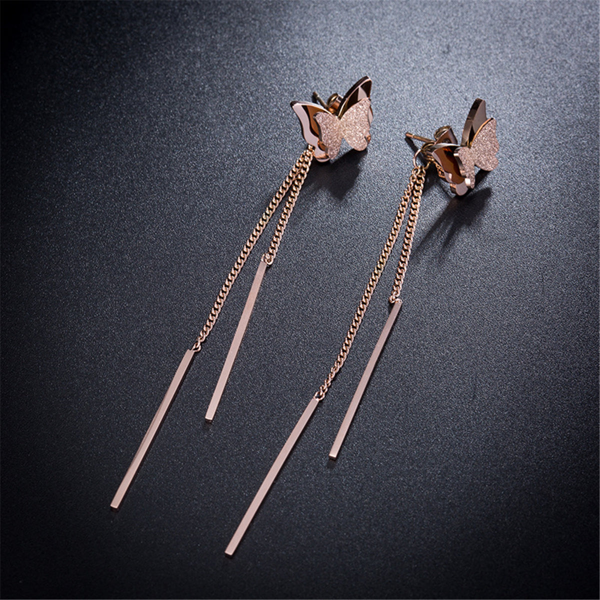 18K Rose Gold-Plated Frosted Butterfly Tassel Ear Jackets