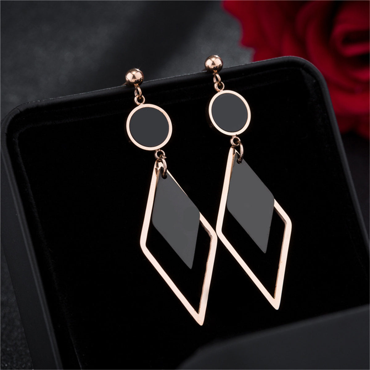 Black Acrylic & 18K Rose Gold-Plated Stacked Rhombus Drop Earrings