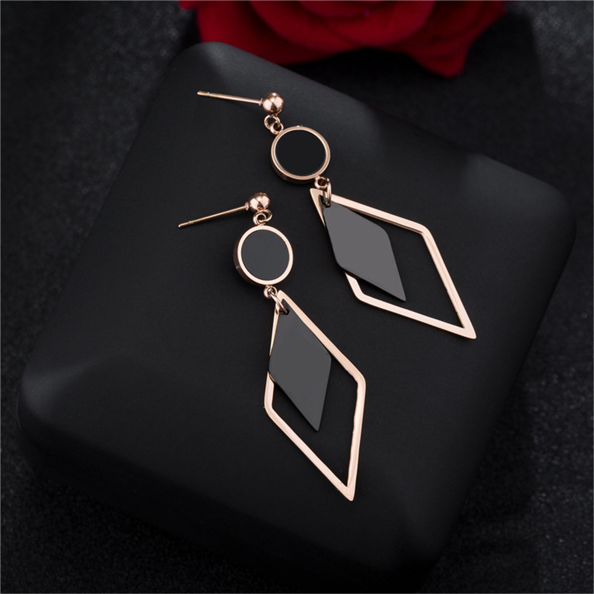 Black Acrylic & 18K Rose Gold-Plated Stacked Rhombus Drop Earrings