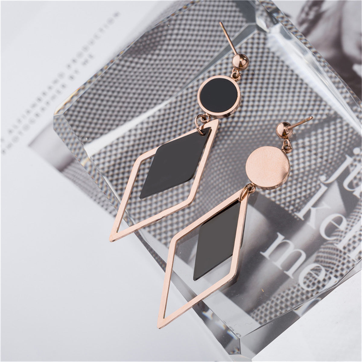 Black Acrylic & 18K Rose Gold-Plated Stacked Rhombus Drop Earrings