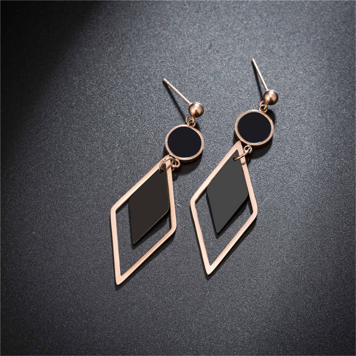 Black Acrylic & 18K Rose Gold-Plated Stacked Rhombus Drop Earrings